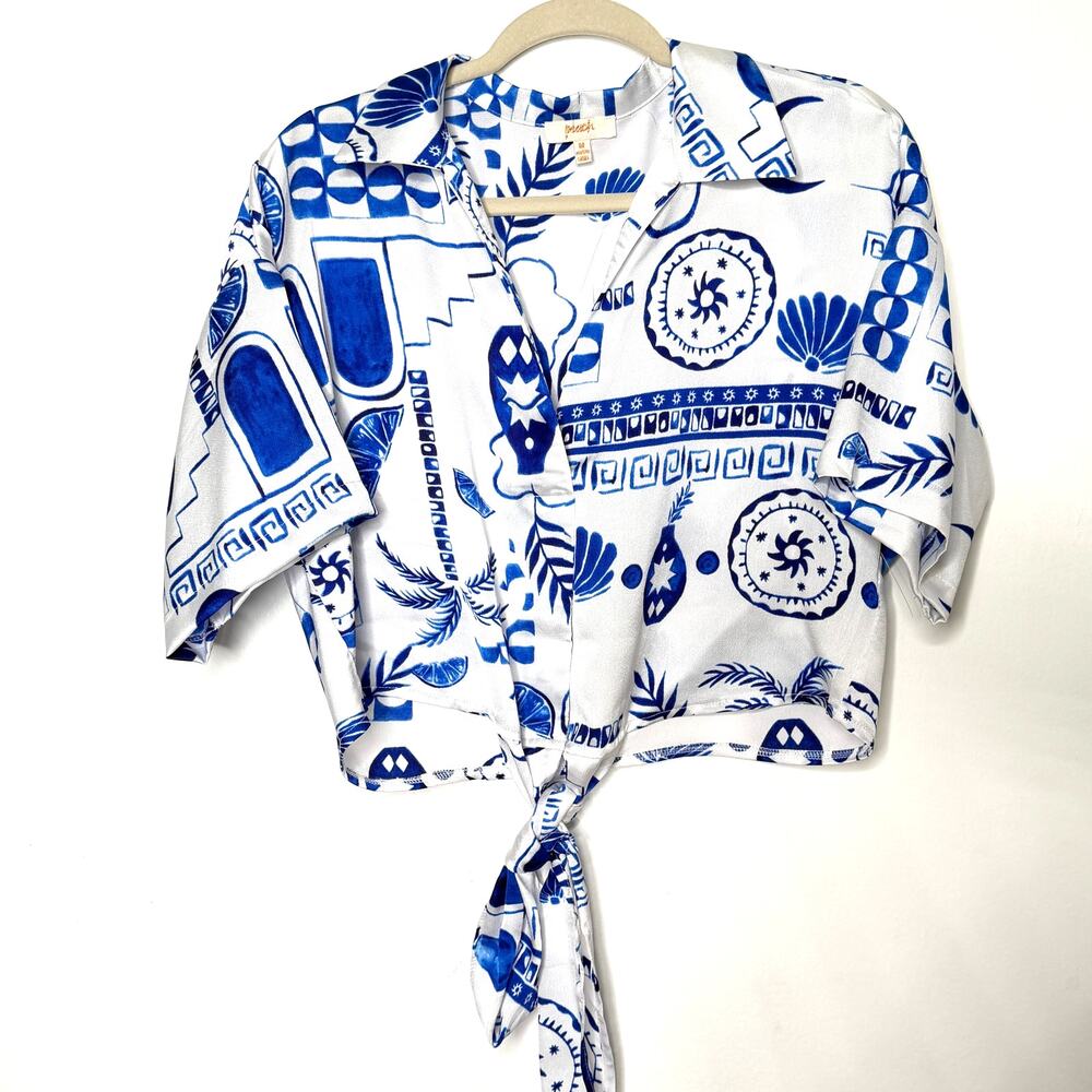 Peach Blue & White Coastal Mediterranean Tie-Front Crop Blouse Size M